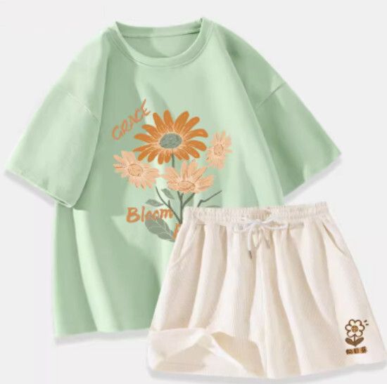 純棉短袖t恤兩件套【果綠色（向日花束）+奶白褲】【S-XL碼】（下單後請聯絡客服確認發貨尺碼）#K011002565