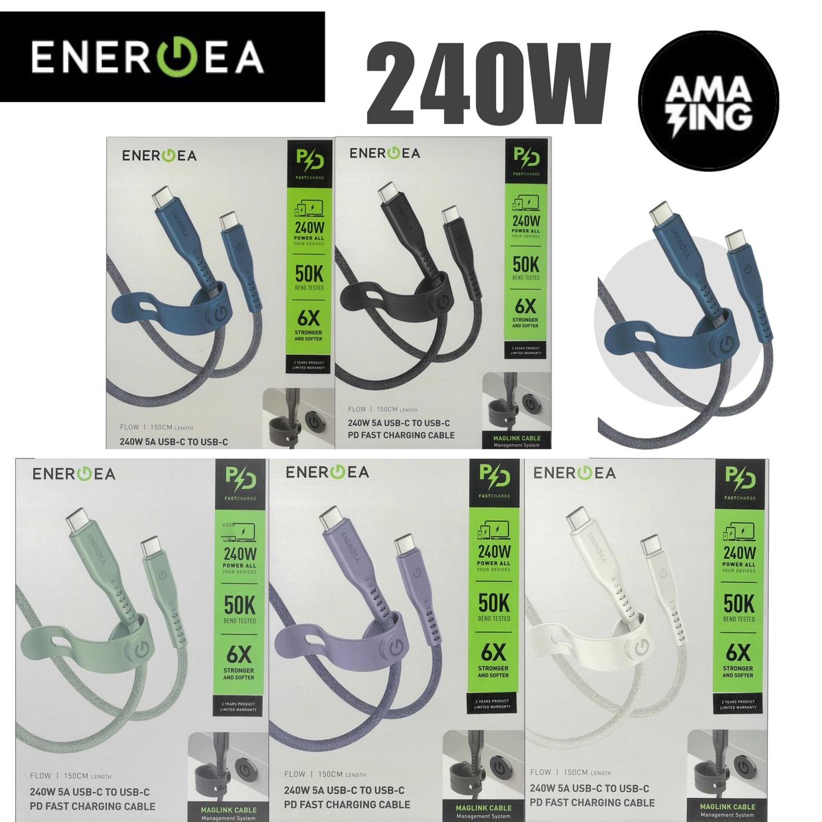 Energea Flow 150CM 240W 5A U盘-C TO U盘-C PD 超快速充电线   WHITE 白色