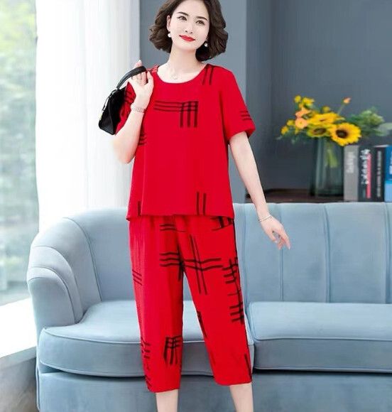 中年媽媽時尚套裝【紅色】 (尺碼：XL-5XL碼) (下單後聯繫客服確認發貨尺碼)#F158027224
