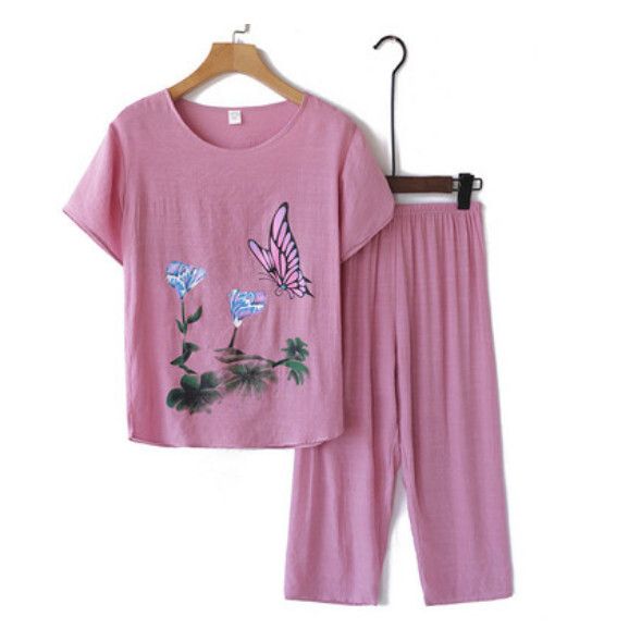 夏季中老年純棉麻套裝（【水墨畫】粉色）【尺碼：XL-4XL】【下單後聯絡客服確認發貨尺碼】F203013024