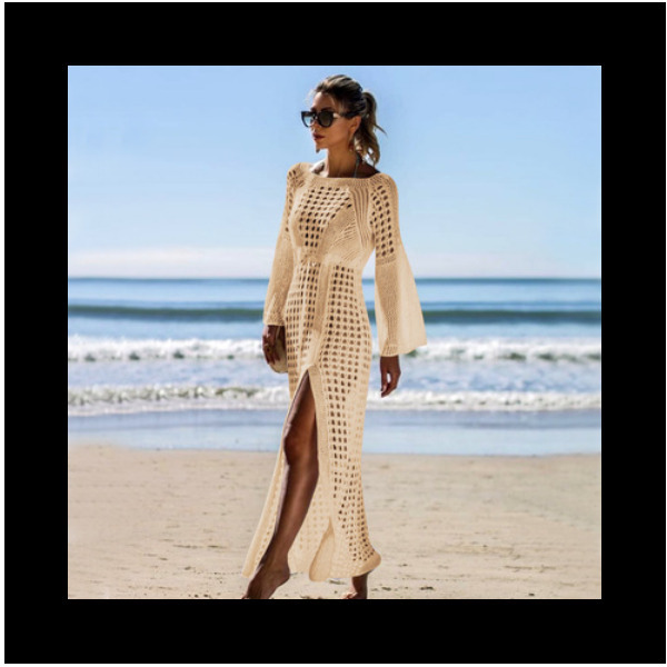 針織鏤空沙灘裙長袖度假性感沙灘長裙（米色）（均碼）