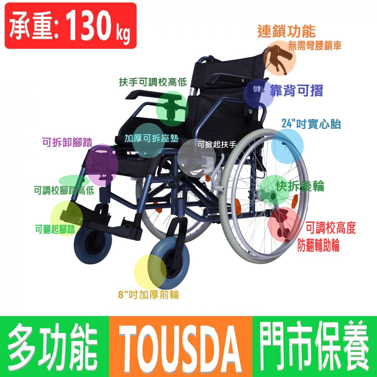 24" Quick Release Rear Wheel 8" Castor Lightweight Wheelchair with Detachable Armrest & Legrest