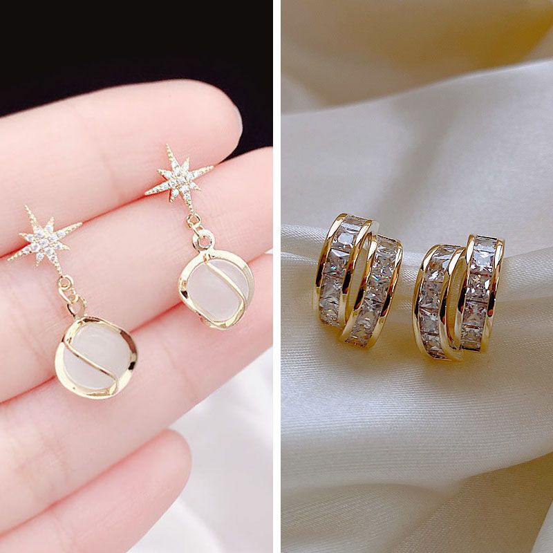 【2對裝】氣質簡約耳環 高級感耳飾(芒星貓眼耳釘+鋯石C型耳釘 銀針）#F001104483