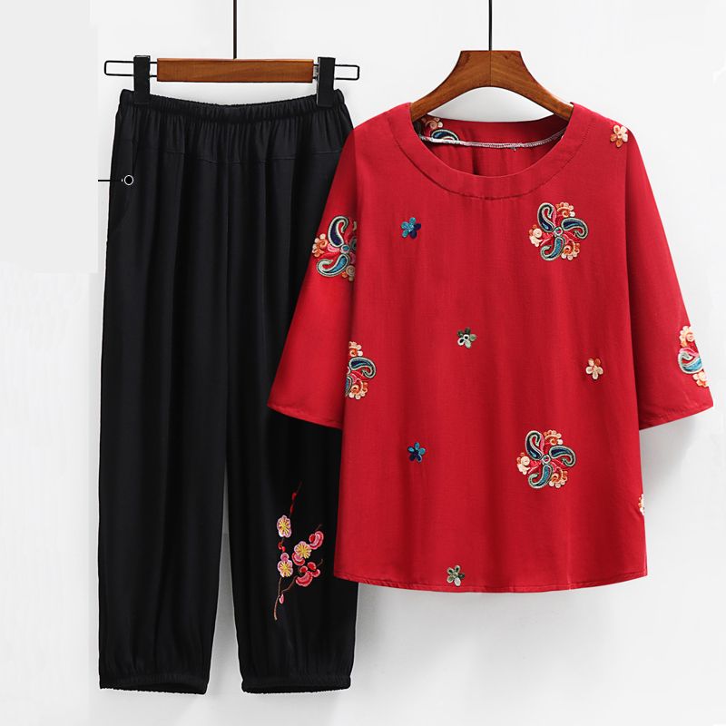 老年人短袖套裝( XL-6XL碼 196紅色（套裝））【下單後請聯絡客服確認發貨尺碼】F001099155