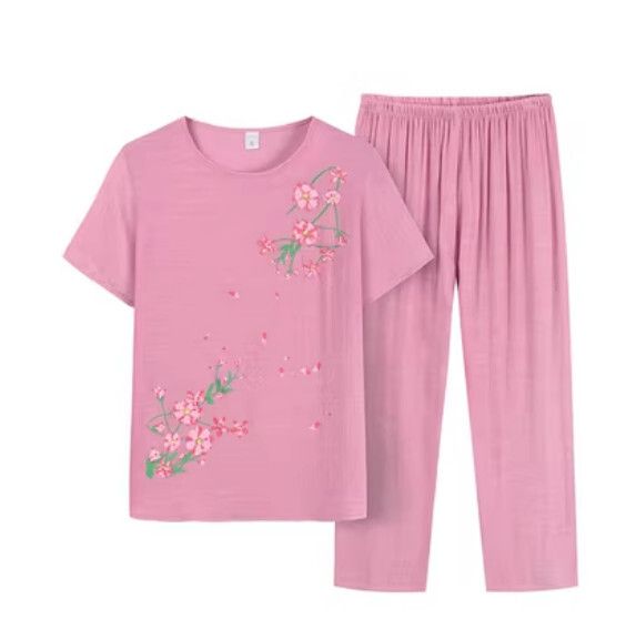 夏季中老年棉麻休閒套裝（粉色）【尺碼：XL-4XL】【下單後聯絡客服確認發貨尺碼】F203013079