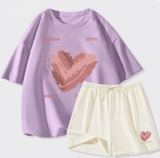 休閒運動套裝【香芋紫（淩亂愛心）+奶白褲】【S-2XL碼】（下單後請聯絡客服確認發貨尺碼）
