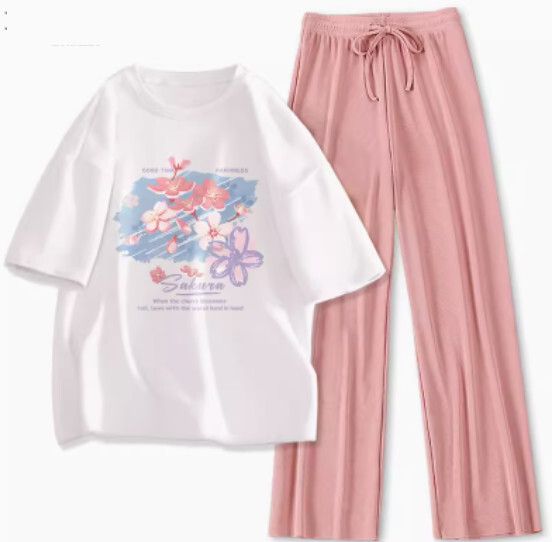寬鬆短袖長褲兩件套【白色（塗雅櫻花）+粉褲】【S-XL碼】（下單後請聯絡客服確認發貨尺碼）#K011002505