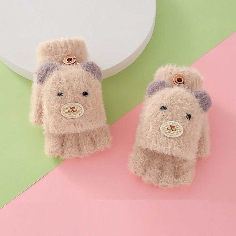 兒童可愛小熊毛絨保暖手襪/手套 (合2-6歲)-啡白灰隨機
