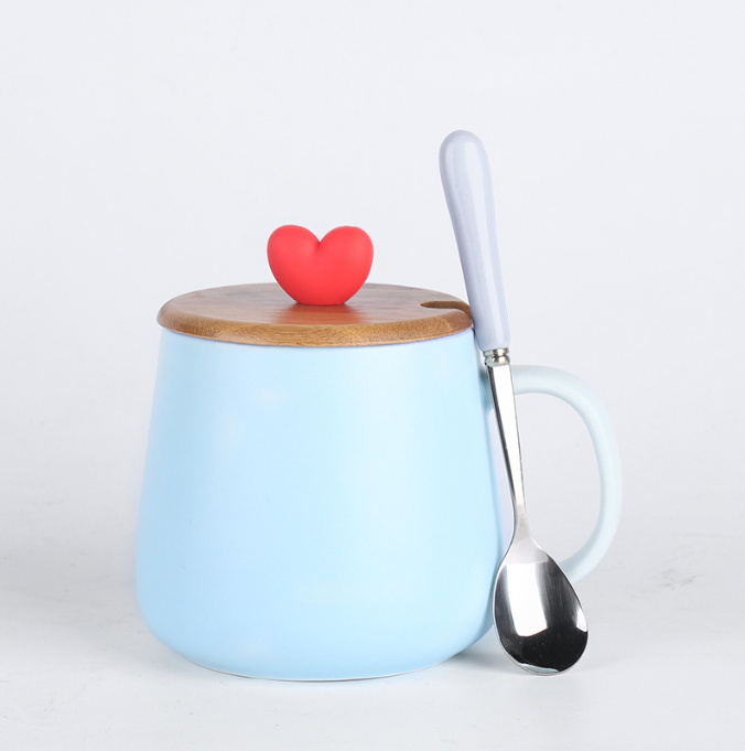 色釉陶瓷杯 創意情侶馬克水杯（內紫外藍-杯+勺+蓋【1套】）#N95_012_055