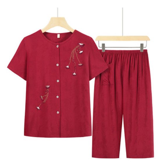 夏季中老年綿綢套裝（棗紅色）【尺碼：XL-4XL】【下單後聯絡客服確認發貨尺碼】F203013242