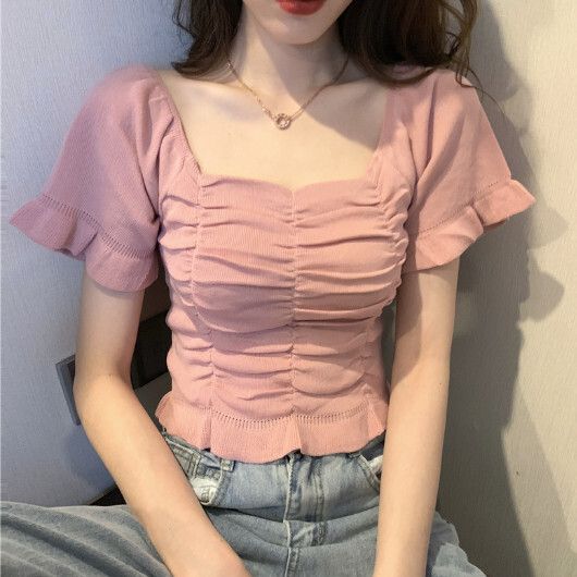鎖骨褶皺短袖T恤【粉紅色】尺碼【均碼】#F128014611