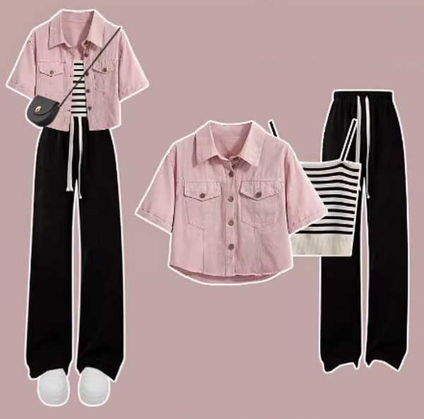 女士夏裝三件套（條紋吊帶+粉色牛仔外套+黑色闊腿褲L-XL）（下單後聯絡客服確認發貨尺碼）#F350001113