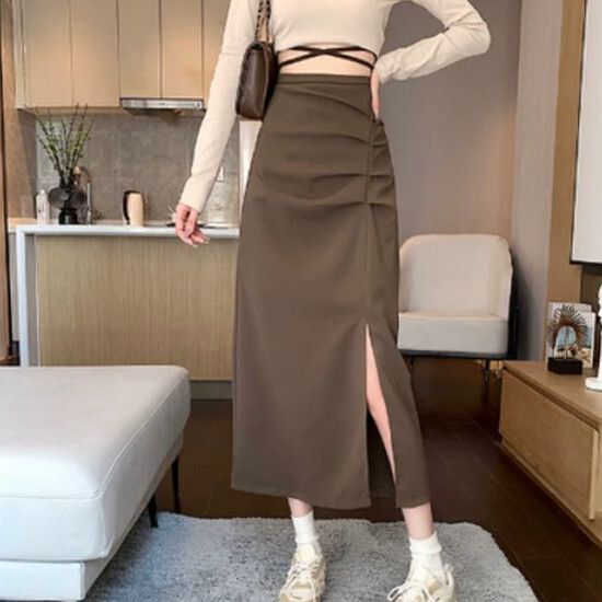 開叉西裝半身裙【咖色】【S-XL碼】(下單後請聯絡客服確認發貨尺碼)#K012003200