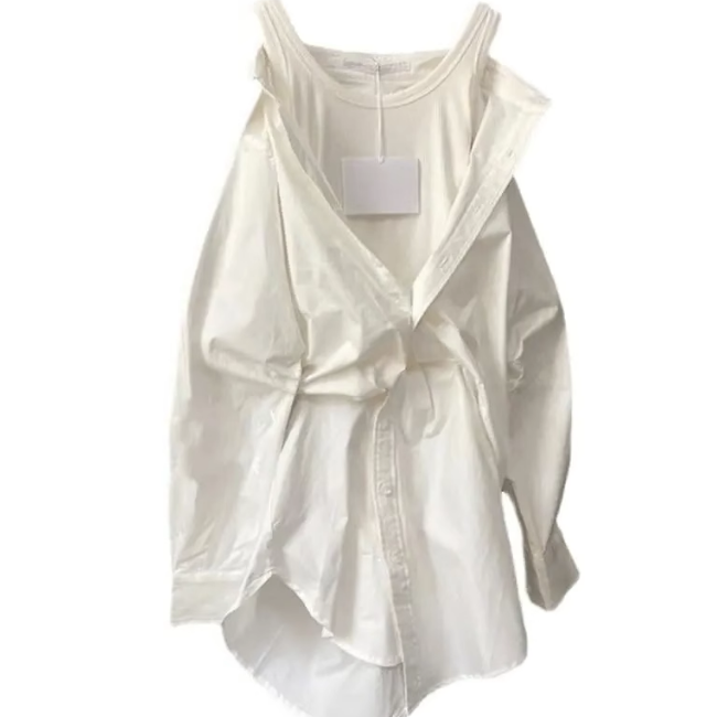 不規則露肩長袖連衣裙（白色L-4XL）（下單後聯絡客服確認發貨尺碼）#F349001359