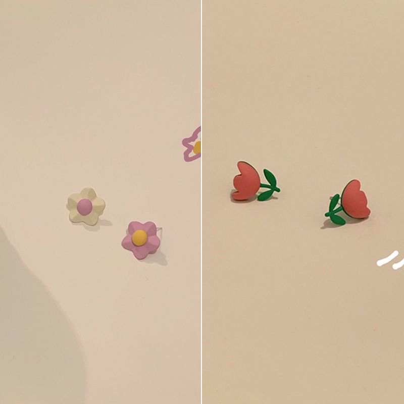 【2對裝】氣質簡約耳環 高級感耳飾(不對稱小花朵+紅色鬱金香）#F001104516