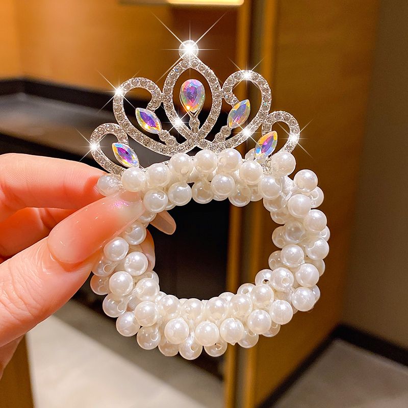兒童公主皇冠頭飾皮筋頭花髮圈（15#白色炫彩)