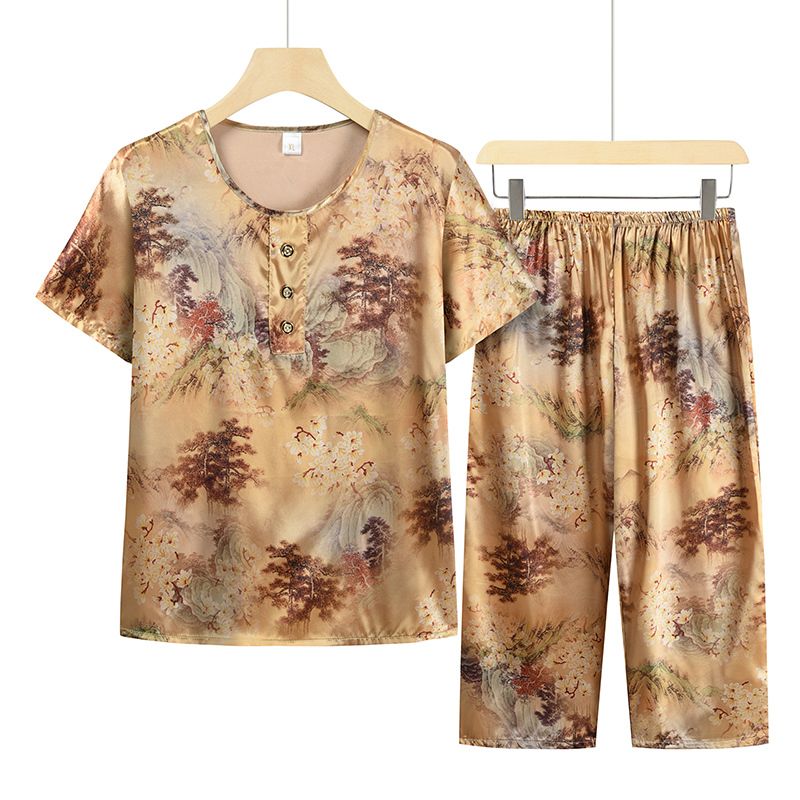 中老年媽媽短袖套裝(XL-4XL碼 金黃色）【下單後請聯絡客服確認發貨尺碼】F001099422中老年媽媽短袖套裝(XL-4XL碼 金黃色）【下單後請聯絡客服確認發貨尺碼】F001099422