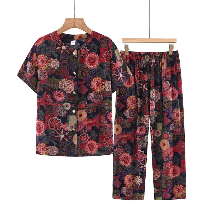 中老年媽媽短袖套裝(XL-4XL碼 紅色花叢）【下單後請聯絡客服確認發貨尺碼】F001099408