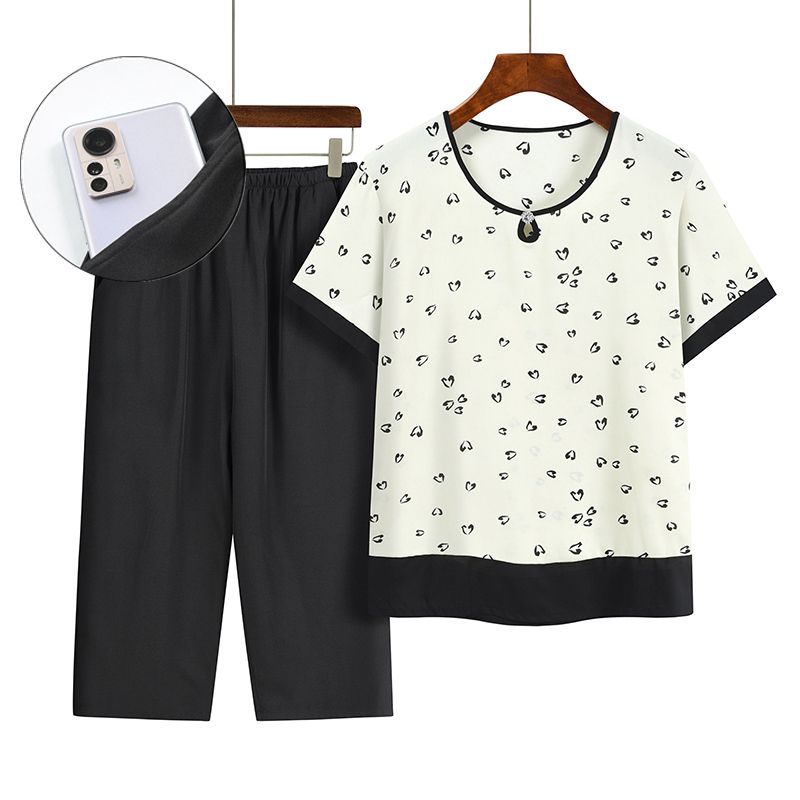 中老年媽媽短袖套裝(XL-4XL碼 米白色）【下單後請聯絡客服確認發貨尺碼】F001099345