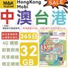 HK Mobile CSL【中國內地/澳門/台灣/香港】sim卡 數據卡  上網卡 365日32GB 共享網絡 快速數據 4G網絡全覆蓋 丨在台灣、香港需實名登記丨 可增值使用