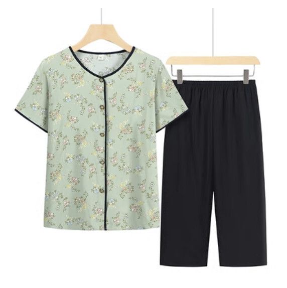 夏季中老年套裝（淺綠幸運花套裝）【尺碼：XL-4XL】【下單後聯絡客服確認發貨尺碼】F203013341
