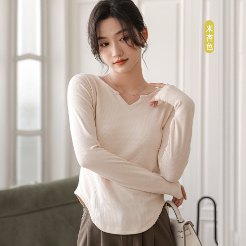 V領內搭t恤女秋冬季（米杏色）（S-XL碼）（下單後聯繫客服確認尺碼）#F275_004_577