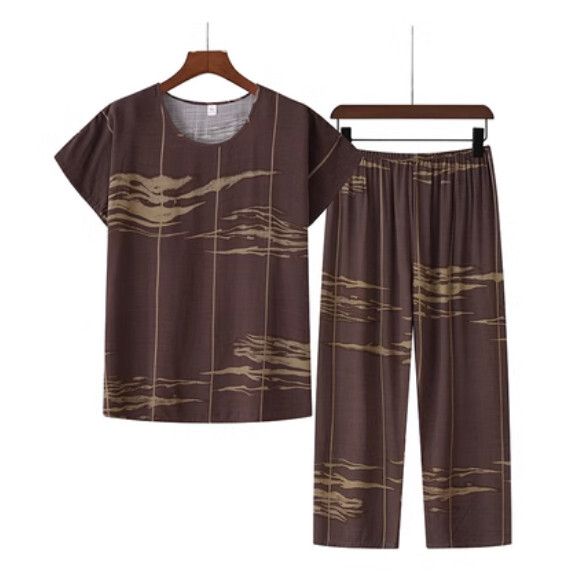 夏季中老年綿綢套裝（卡其色）【尺碼：XL-4XL】【下單後聯絡客服確認發貨尺碼】F203013039