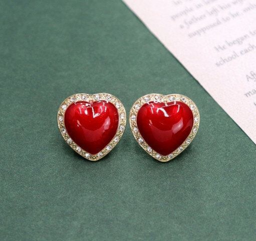 法式優雅高級感紅色耳釘（5-水晶紅桃心）