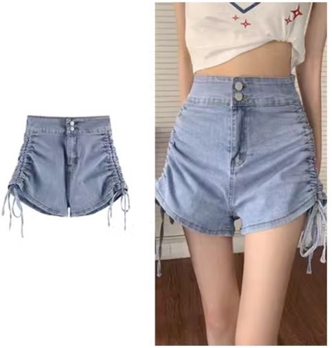 抽繩高腰牛仔短褲(藍色,S-XL碼)【下單後請聯絡客服確認發貨尺碼】#F220012124