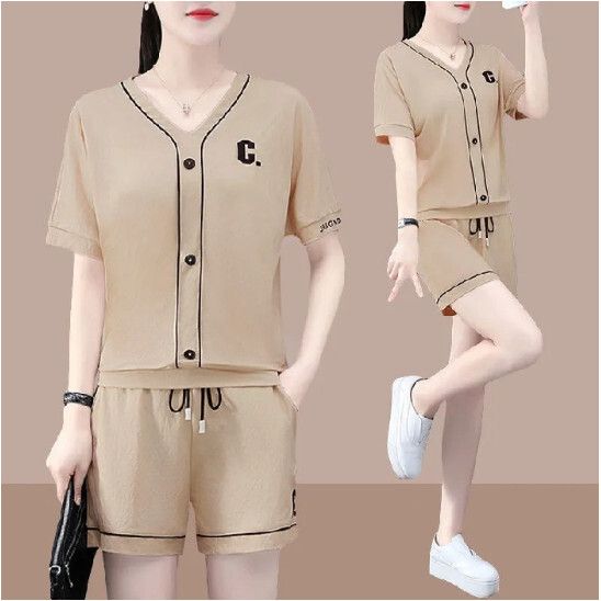 冰絲休閒套裝【卡其色】 (尺碼：M-4XL碼) (下單後聯繫客服確認發貨尺碼)#F158027188