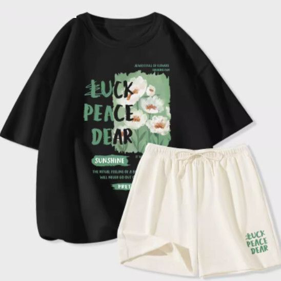 短袖冰絲短褲兩件套【黑色（清風花田）+奶白褲】【S-2XL碼】（下單後請聯絡客服確認發貨尺碼）#K011002576