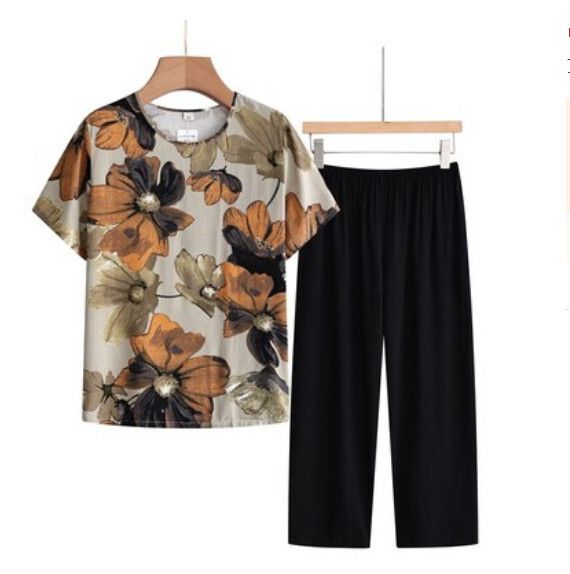 夏季中老年洋氣減齡套裝（薑黃荷葉）【尺碼：XL-4XL】【下單後聯絡客服確認發貨尺碼】F203013133
