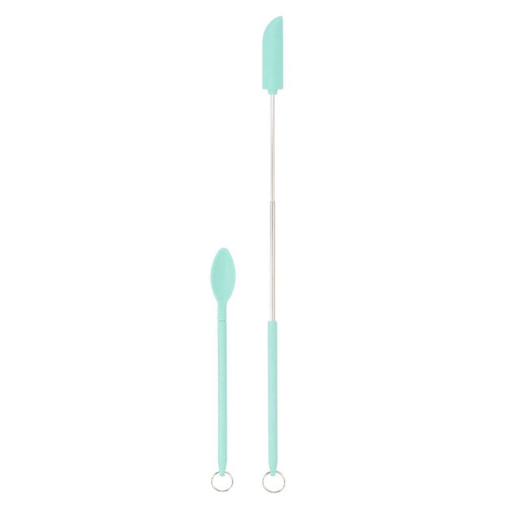 [2件套裝] 綠色 化妝品矽膠刮勺 迷你可伸縮加長桿矽膠刮刀  廚房烘焙醬料挖勺