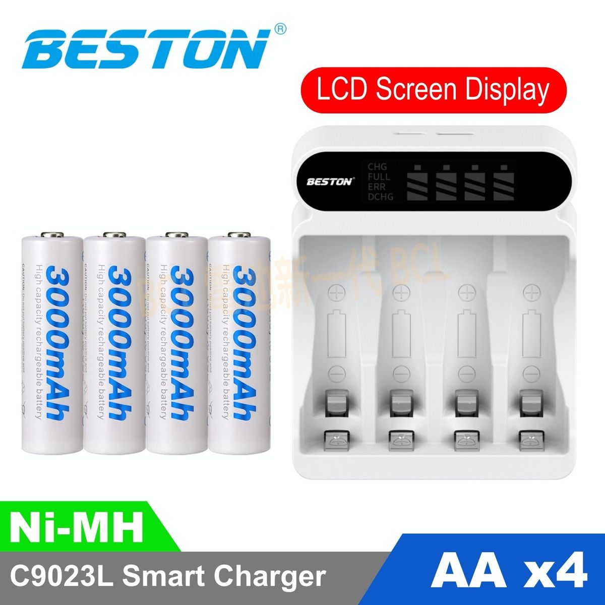 AA 1.2V 3000mAh 鎳氫(Ni-MH)充電池 (4粒裝) 連C9023L LCD顯示充電器, AA / 2A / 5號充電池
