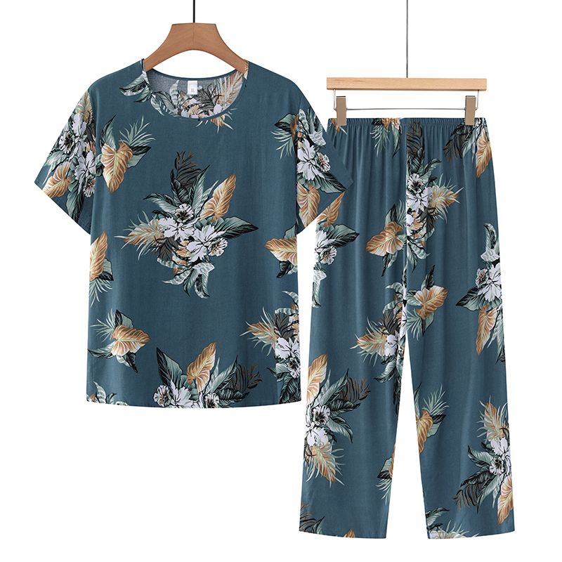 中老年媽媽短袖套裝(XL-4XL碼 墨綠大花）【下單後請聯絡客服確認發貨尺碼】F001099402