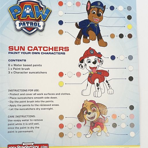 The Nickelodeon Paw Patrol Paint Your Own Suncatcher has Suncatchers,  Paint, and Paint Brushes