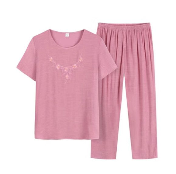 夏季中老年綿綢套裝（藍色）【尺碼：XL-4XL】【下單後聯絡客服確認發貨尺碼】F203013044