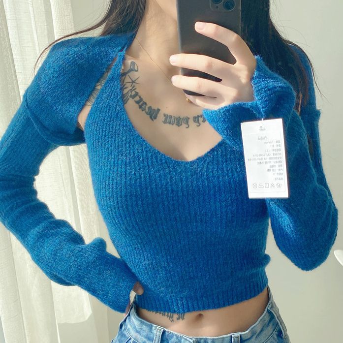 吊帶背心+長袖針織罩衫兩件套(孔雀藍)(S/M碼)(下單後聯絡客服確認發貨尺碼)