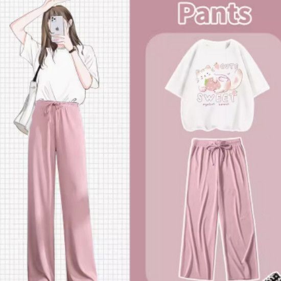 闊腿褲t恤兩件套【白色（草莓貓）+粉褲】【S-XL碼】（下單後請聯絡客服確認發貨尺碼）#K011002476