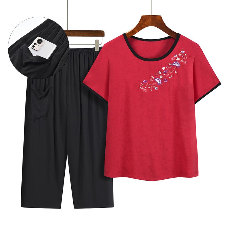 中老年媽媽短袖套裝(XL-4XL碼 紅色）【下單後請聯絡客服確認發貨尺碼】F001099437