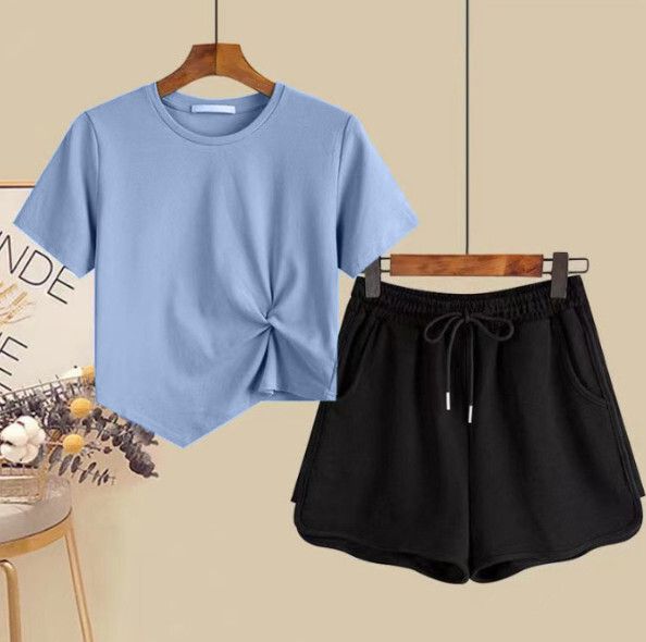 不規則短袖休閒運動套裝【深藍色】 (尺碼：S-2XL碼) (下單後聯繫客服確認發貨尺碼)#F158027176