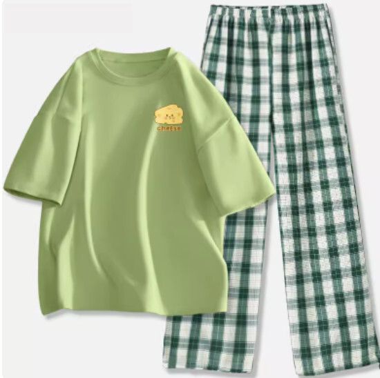 短袖束腳格子褲套裝【果綠色（乳酪塊）+深綠褲】【S-2XL碼】（下單後請聯絡客服確認發貨尺碼）#K011002556