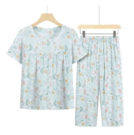 夏季中老年綿綢套裝（杏底牡丹花）【尺碼：XL-4XL】【下單後聯絡客服確認發貨尺碼】F203013248