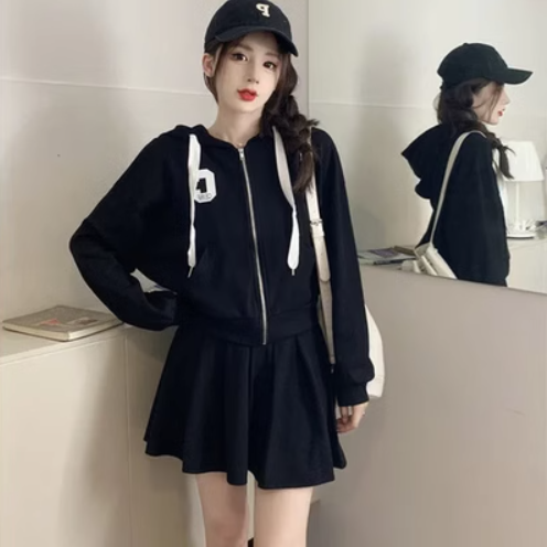 連帽衛衣外套+短裙套裝（黑色L-4XL）（下單後聯絡客服確認發貨尺碼）#F349001835