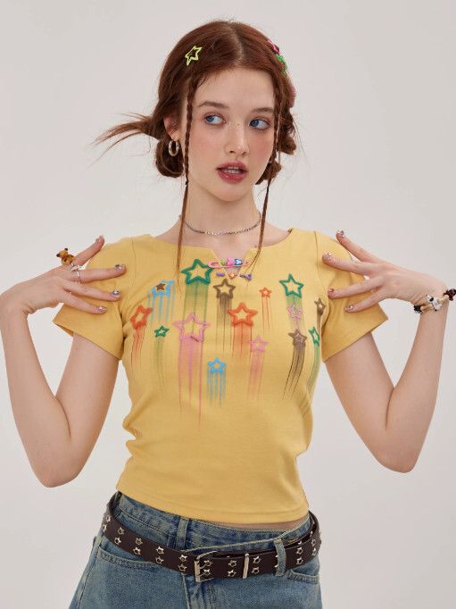 星星圖案印花修身短袖T卹（黃色）（尺碼：S/M）（下單後聯絡客服確認發貨尺碼）#F002072035