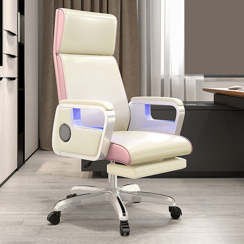 電腦椅家用座椅（白色＋擱腳（扶手藍牙音響+氛圍燈））