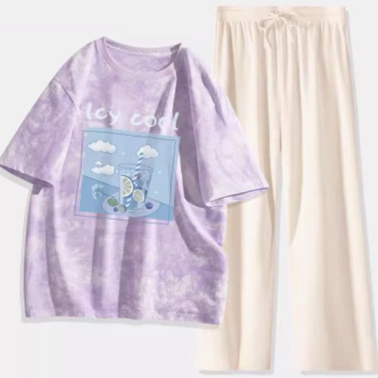 紮染短袖兩件套【紫色（冰檸藍莓）+杏褲】【S-XL碼】（下單後請聯絡客服確認發貨尺碼）#K011002674