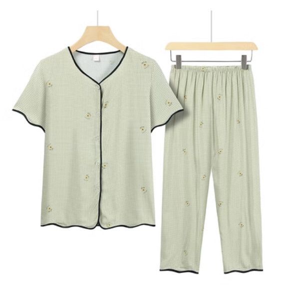 夏季中老年套裝（秋香綠小花）【尺碼：XL-4XL】【下單後聯絡客服確認發貨尺碼】F203013189
