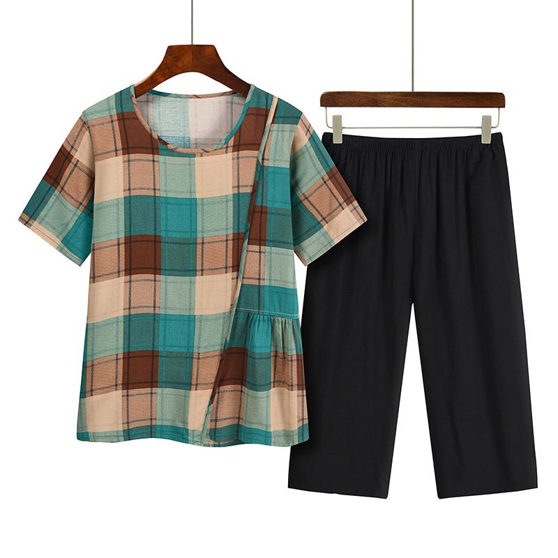 中老年媽媽短袖套裝(XL-4XL碼 綠格）【下單後請聯絡客服確認發貨尺碼】F001099356