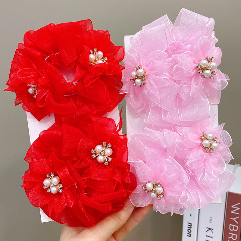 兒童頭花髮飾丸子頭髮圈頭飾髮飾(紅色+粉色)